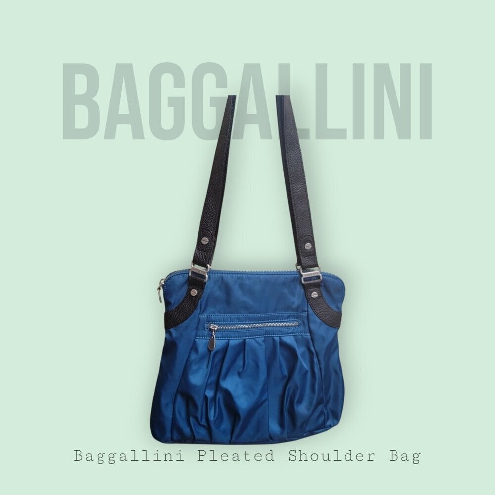 Baggallini Pleated Blue Nylon Crossbody Bag with Black Faux Leather Straps